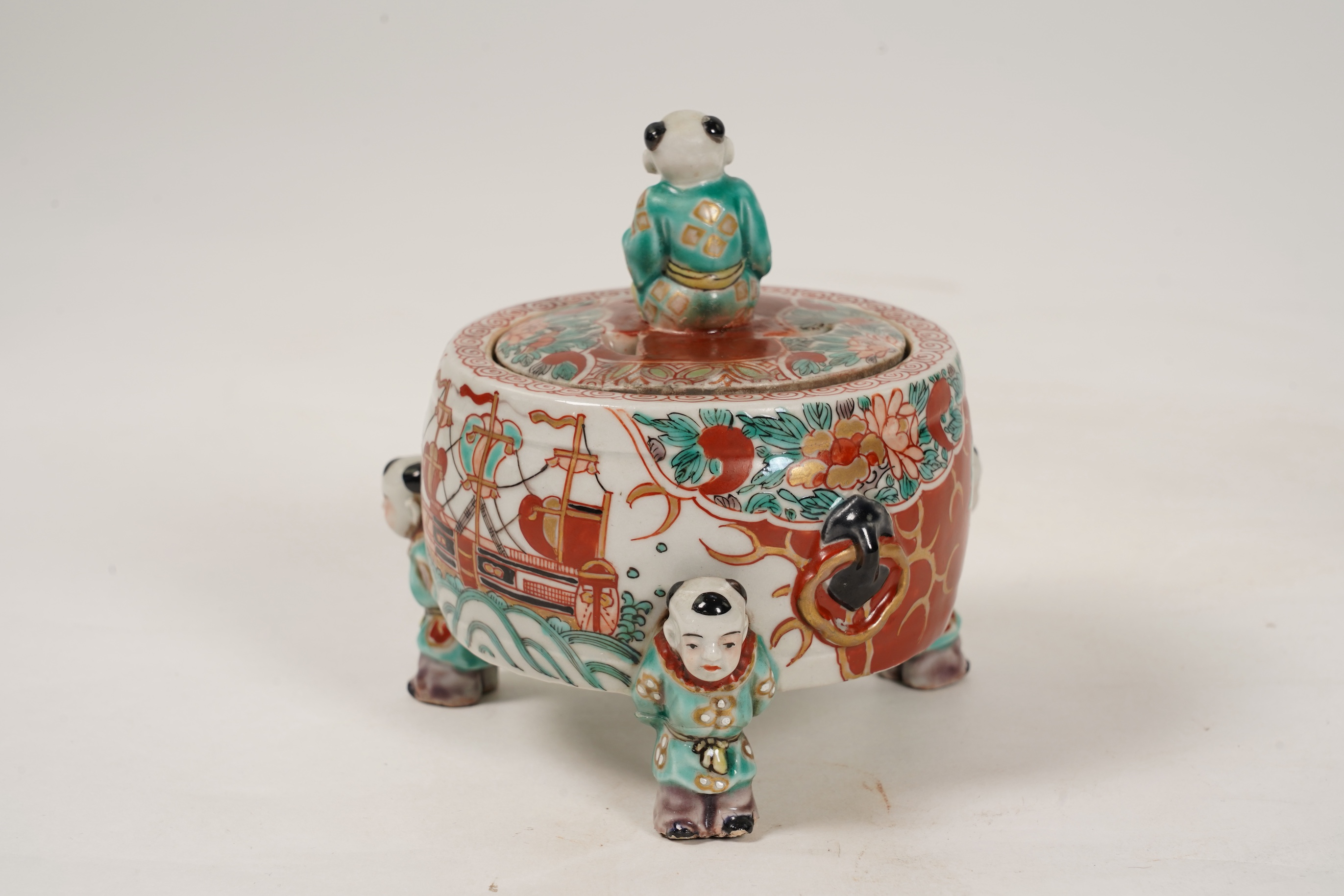 An unusual Japanese ’black ship’ porcelain koro and cover, 19th century